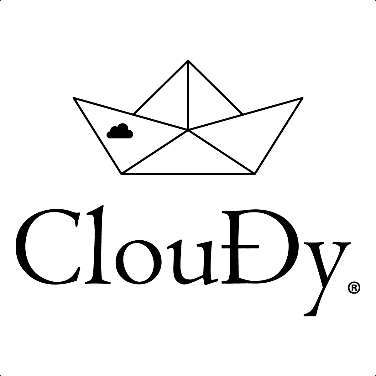Logo de la marca registrada ClouDy Fashion compuesto de un barco de papel en la parte superior en la que contiene una nube en la parte media izquierda del barco y con el nombre de "ClouDy" en la parte inferior en letras grandes