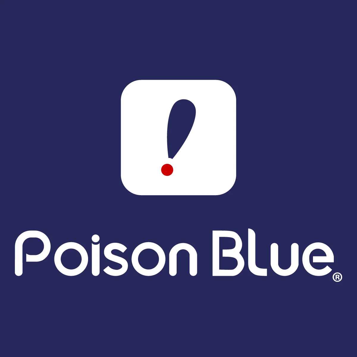 Logo de la marca registrada Poison BLue. Logo compuesto por un fondo azul, un signo de exclamación dentro de un cuadro blanco con bordes azules y en la parte inferior del mismo, el nombre de la marca.